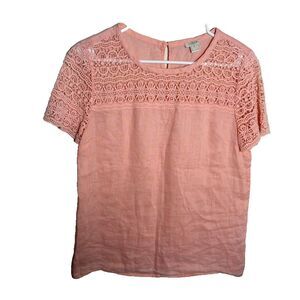 J Crew Blouse Women's 4 Pink Lace Short Sleeve Round Neck Top Shirt Linen